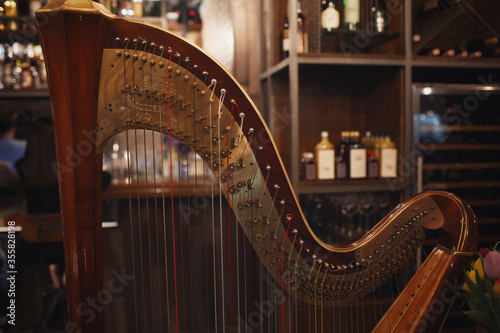 Valokuva old rarity wooden brown harp in a restaurant