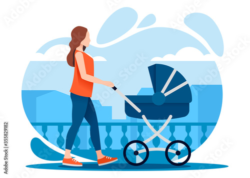 Young mother walking with a newborn that is in the pram. Woman with baby stroller walks through the city. Colorful vector illustration in flat style.
