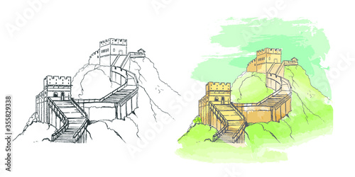 The Great Wall of China in sketch style.Vector illustration.Watercolor chinese historical showplace for print, souvenirs, postcards, t-shirts, decoration, picture.
