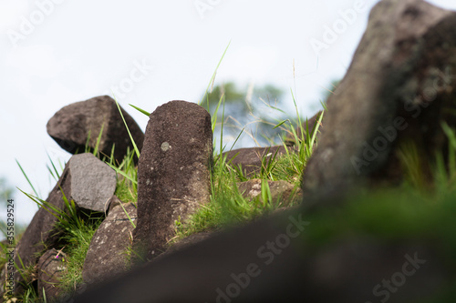 Stone hexagonal blocks in megalithic site, Gunung Padang, Cianjur, West Java, Indonesia