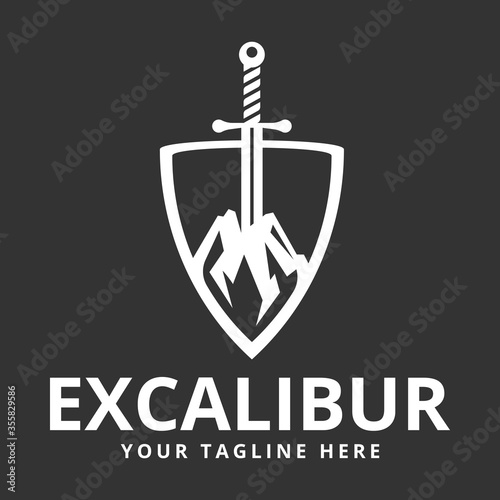Excalibur (the sword in the stone) logo design template.