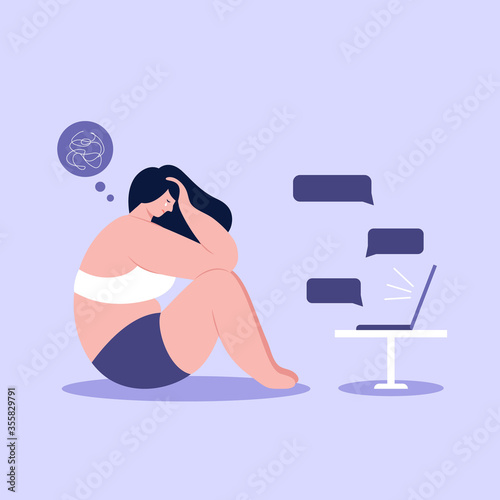 Unhappy plus size women reading negative messages  in flat design