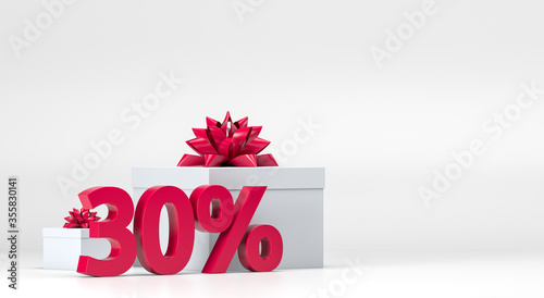 30 percentage off discount icon 3D red on white isolated background 3d illustration. Presents box and red ribbon discount. For sale, shopping, promotion symbol. Half price. Gift box valentines day