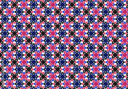 Busy red, black and blue repeating flower pattern on white, vector illustration