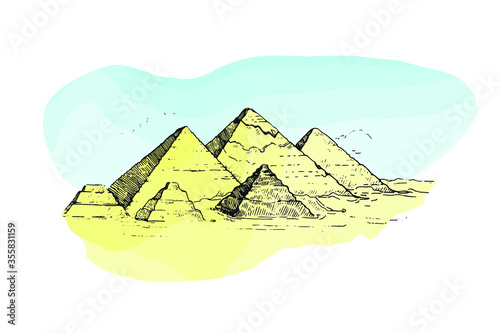 Illustration Egypt. Cairo - Giza. General view of pyramids from the Giza Plateau (three pyramids known as Queens' Pyramids. Watercolor Sketch
