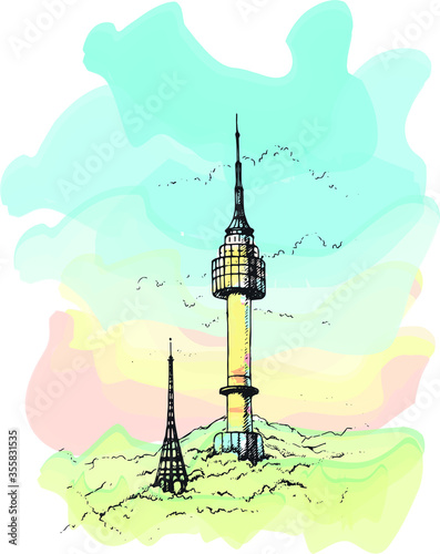 Hand drawn illustration of Seoul tower,Namsan tower in korea.N seoul tower .South Korea.Watercolor Sketch.
