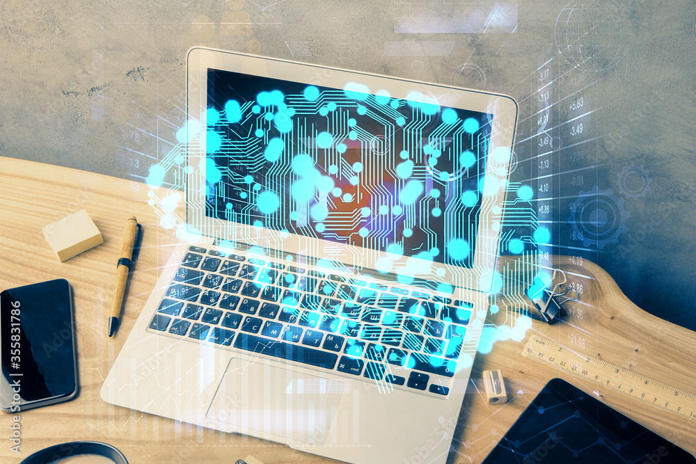Multi exposure of work space with computer and human brain hologram. Brainstorm concept. Multi exposure of work space with computer and human brain hologram. Brainstorm concept.