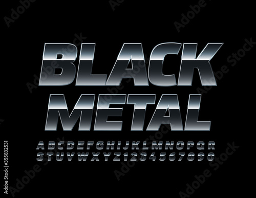 Vector shiny Black Metal Alphabet Letters and Numbers. Dark Chrome Font