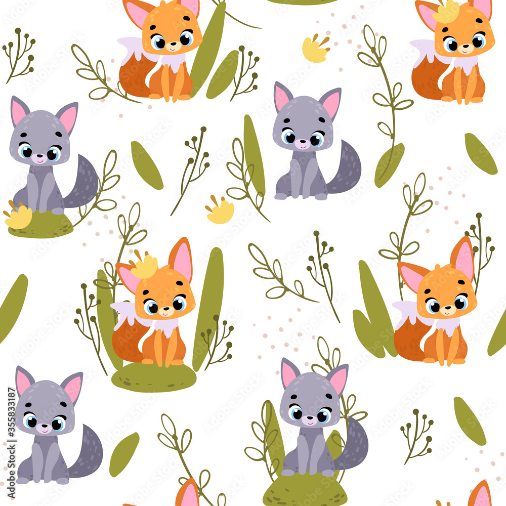 Naklejka premium Vector pattern with cute animals. Vector seamless pattern. Perfect for fabric, wallpaper, textile, wrapping paper or nursery decor