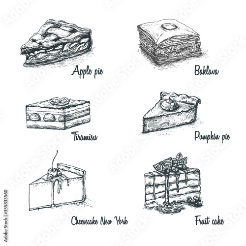 Desserts set. Vector illustration. Food vintage style.Vector collection of ink hand drawn fruit and berry baking illustration. Vintage set of traditional cake, tart and pie sketch.Tiramisu.Cheesecake
