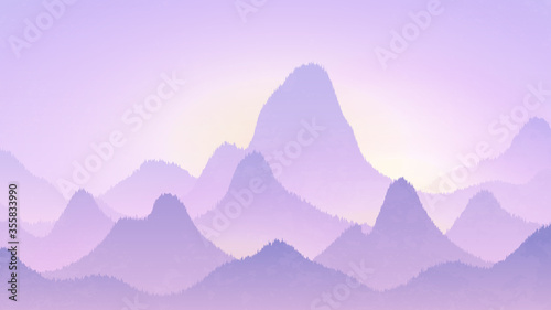 Mountains landscape background. Graphic silhouettes of hill tops covered with fog. Abstract panoramic mountain wallpaper.