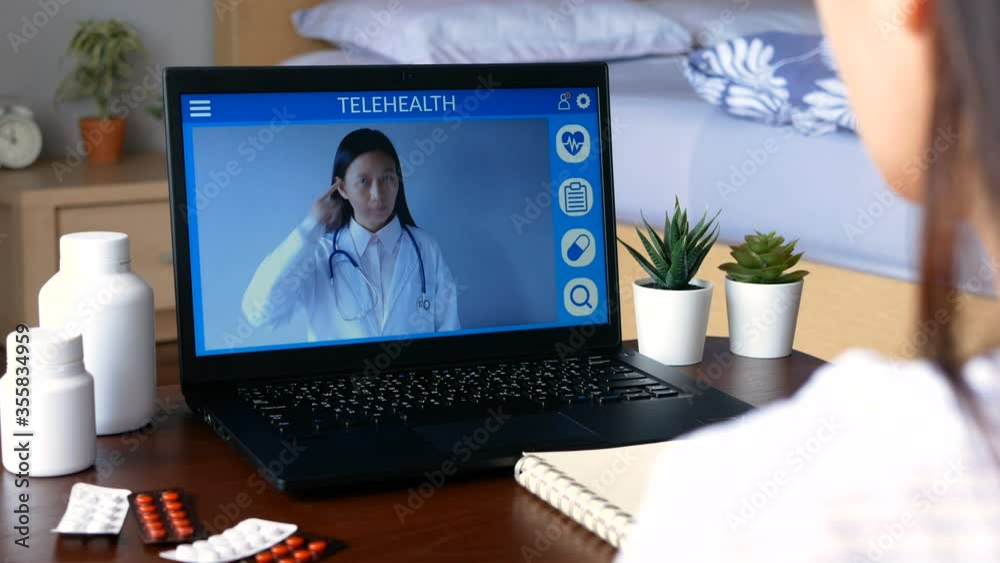 deaf mute patient use remote distance video conference, make online consultation by sign language with doctor on laptop about illness, medicine via vdo call. Telehealth, Telemedicine, online hospital