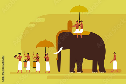 Elephant procession with people playing percussion instruments.A scene from Kerala's religious festival 