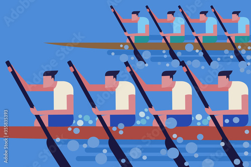 Illustration of teams rowing  boats in a boat race
