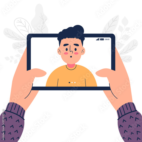 Man having video call on tablet at home vector illustration