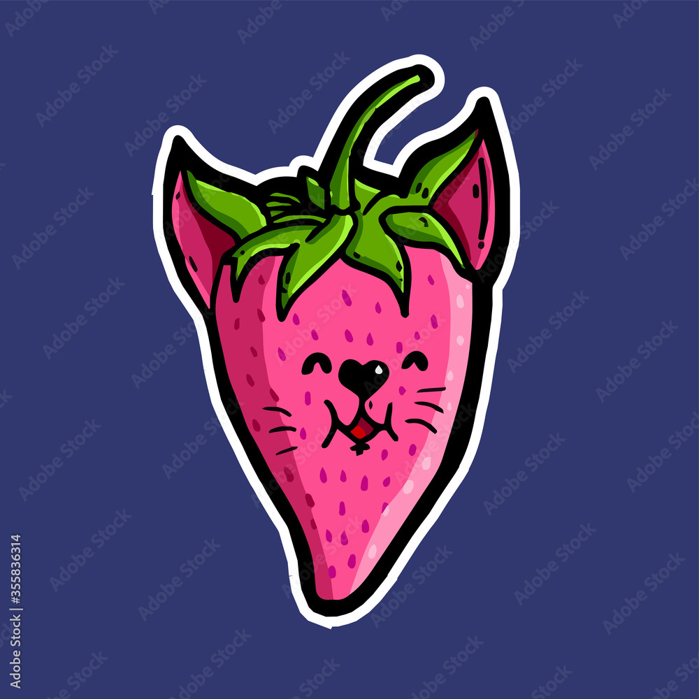 Cute cartoon cat inl costume of fruit. Comic kawaii cat and strawberries vector print Cute cartoon cat inl costume of fruit. Comic kawaii cat and strawberries vector print