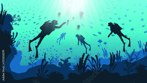Abstract Blue Underwater Ocean Sea Nature Background Vector With Fish Shadows Seaweed DIvers © Дмитрий