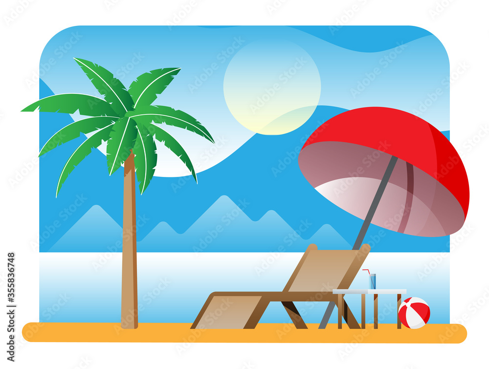 Obraz premium Landscape of chaise lounge or sunlounger, palm tree on beach. Umbrella and table with glass. Sun with reflection in water, clouds. Day in tropical place. Minimalist design. Flat vector
