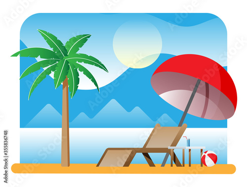 Landscape of chaise lounge or sunlounger, palm tree on beach. Umbrella and table with glass. Sun with reflection in water, clouds. Day in tropical place. Minimalist design. Flat vector