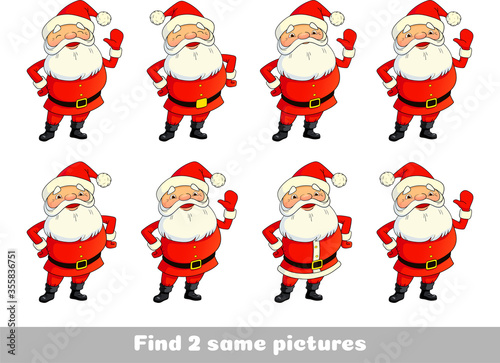 Santa Claus. Find two same pictures. Educational game for children. Cartoon vector illustration.