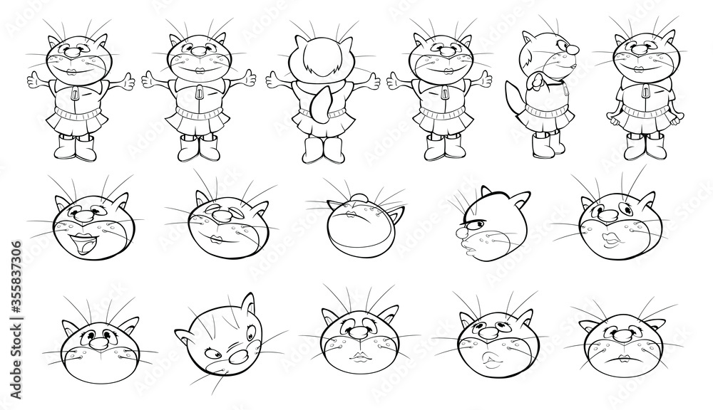 Vector Illustration of a Cute Cartoon Character Cat for you Design and Computer Game. Coloring Book Outline Set Vector Illustration of a Cute Cartoon Character Cat for you Design and Computer Game. Coloring Book Outline Set