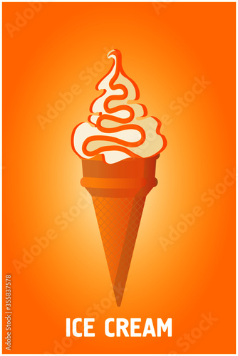 Ice cream in a waffle cup. Ice-cream cone of different taste with  toppings. Summer dessert. Vector illustration