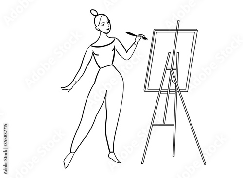 Young woman paints, oil canvas. 