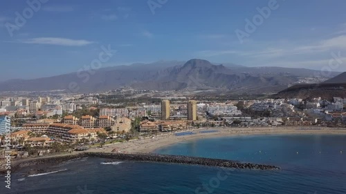 Aerial panorama of Los Cristianos resorts, Fuente Playa de las Vistas and Playa del Camison beach, Tenerife, Canary islands, Spain.