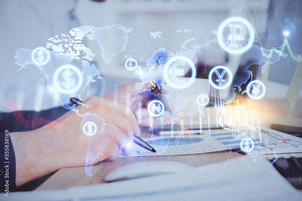 Double exposure hands with stock market chart. Double exposure hands with stock market chart.