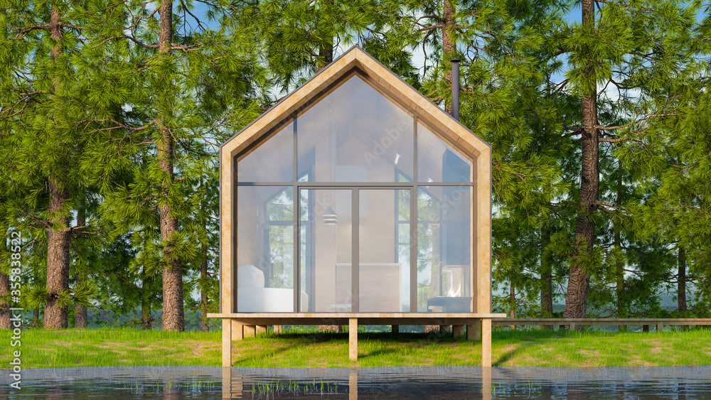 Wooden secluded house made of planks in a Scandinavian modern style with large Windows overlooking the lake, a fireplace at sunset against the background of a coniferous green forest. 3D illustration