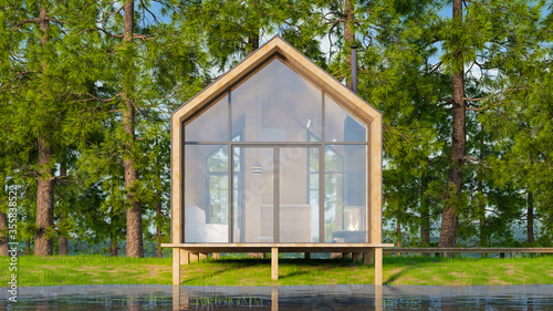 Wooden secluded house made of planks in a Scandinavian modern style with large Windows overlooking the lake, a fireplace at sunset against the background of a coniferous green forest. 3D illustration