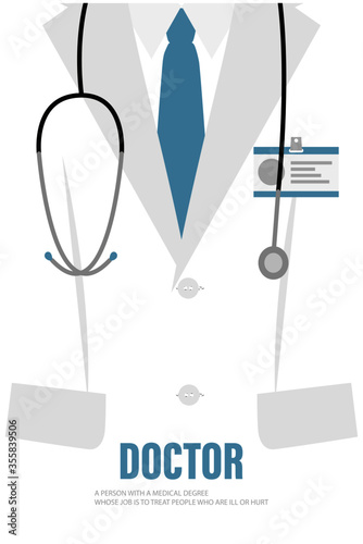 Close-up of a male doctor with lab coat in his office holding a clipboard. Doctor showing blank. Doctor with stethoscope. Medical advice. Vector illustration