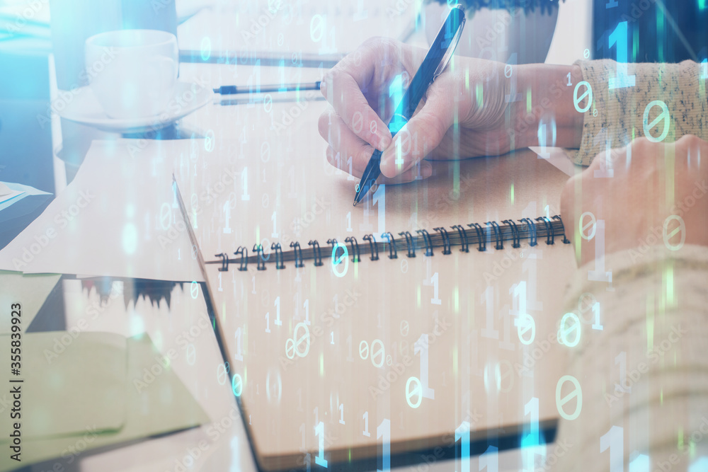 Double exposure of writing hand on background with data solution technology hologram. Ai concept. Double exposure of writing hand on background with data solution technology hologram. Ai concept.