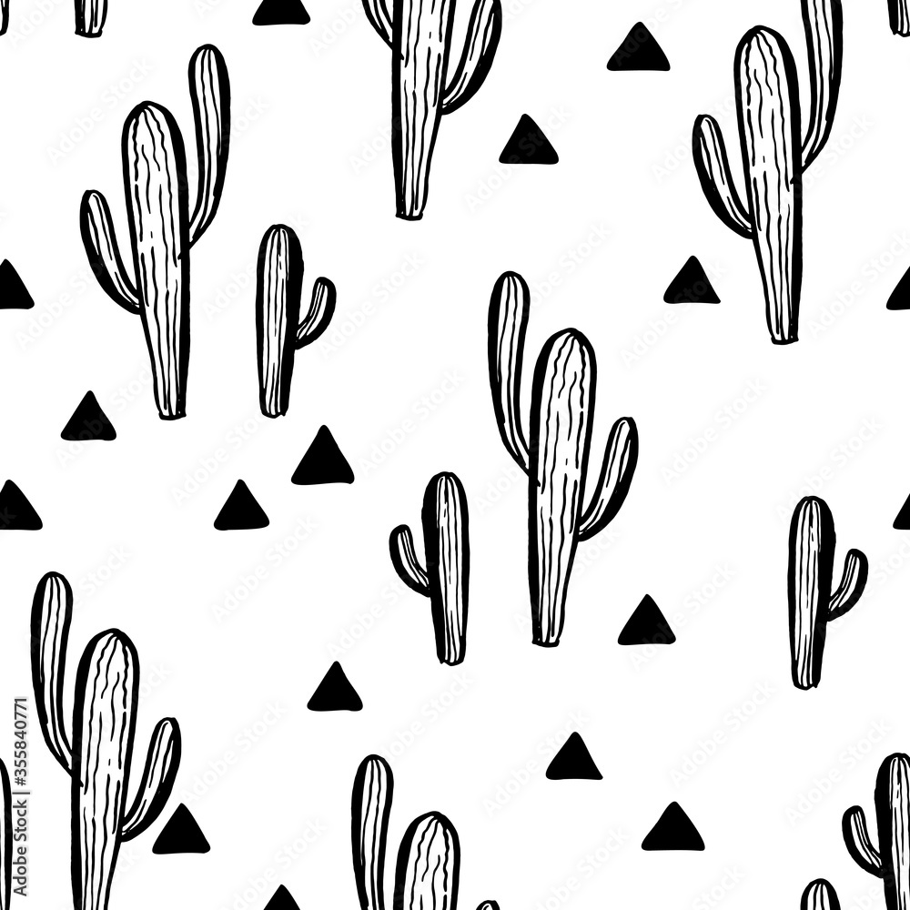 Seamless pattern with cactus. Vector illustration. Hand-drawn cacti ...
