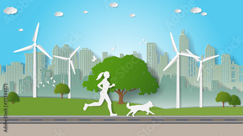 Paper folding art origami style vector illustration. Concept of Green sustainable energy ecology environment friendly, solo outdoor activities, woman and her dog are running alone in city parks.