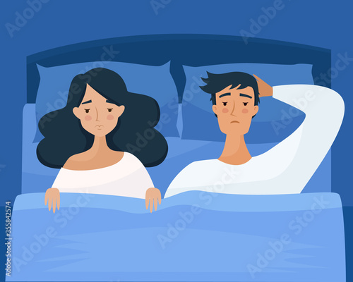 Sleepless man and woman suffers from insomnia. People in bed with open eyes in darkness night room. Flat cartoon style vector illustration. 