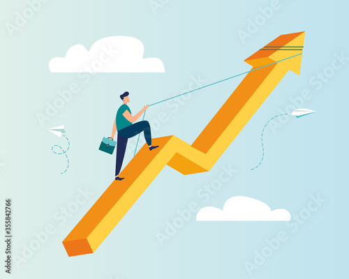 Vector illustration, career rise to success, flat color icons, businessman fussing over the rope flies up an arrow, business analysis-vector photo