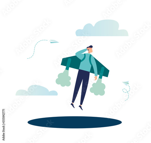 Vector illustration, move up motivation, The way to achieve the goal, jet pack