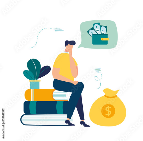 Vector illustration, financial problems, economic crisis, business bankruptcy, presses office worker with a headache, unpaid loan debt