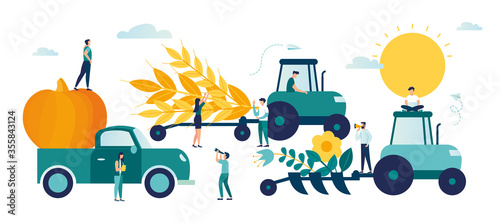 Vector illustration, a process of harvesting crops on a tractor, ears with whole grains and leaves, yellow wheat, rye or barley