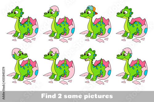 Baby dinosaur hatching. Find two same pictures. Educational game for children. Cartoon vector illustration.
