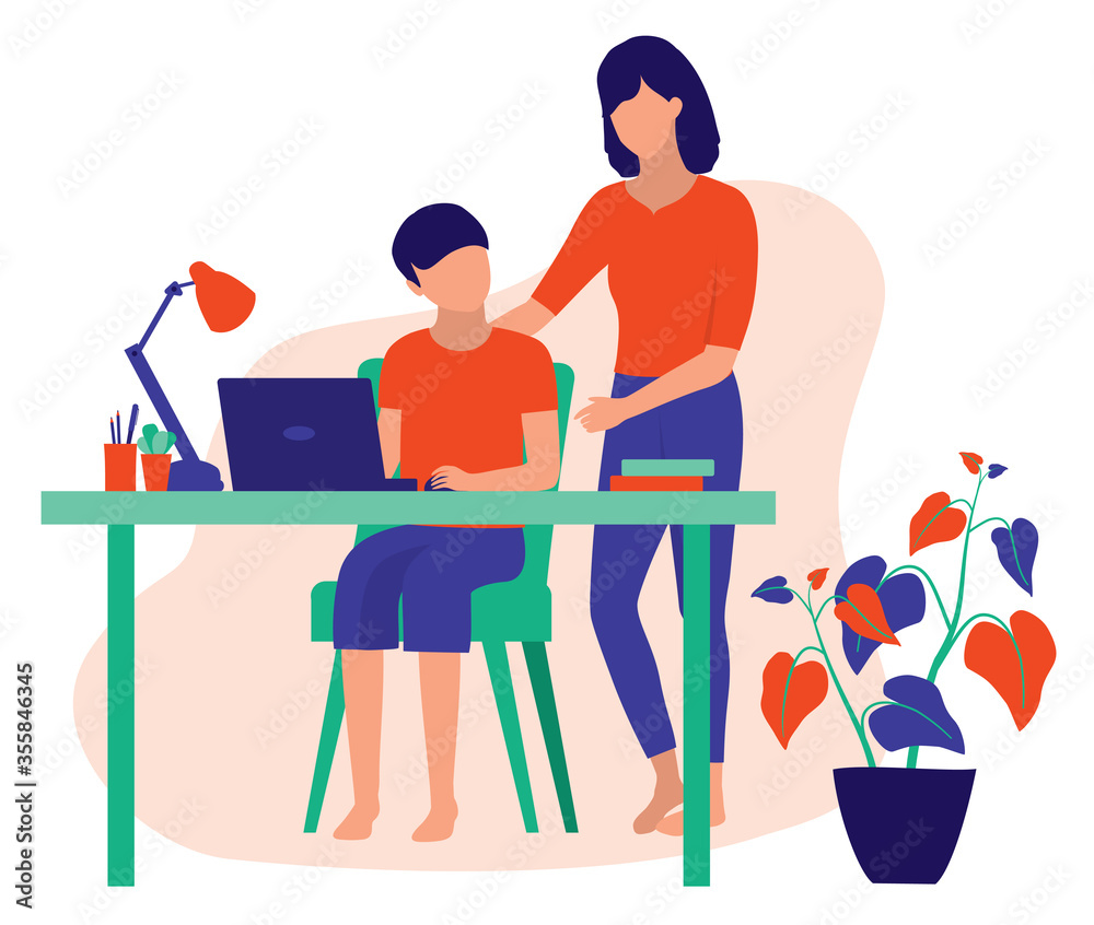 Homeschooling. Mom Teaching Her Son Doing His Homework. Online Family Education At Home And Parenting Concept. Vector Flat Cartoon Illustration.  