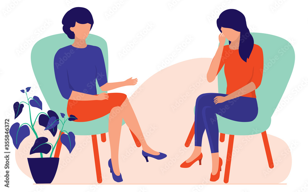Woman Talking To A Psychotherapist Or Psychologist. Marriage Counseling And Stress Therapy Sessions Concept. Vector Flat Cartoon Illustration.