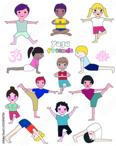 Kids in yoga positions. um symbol.