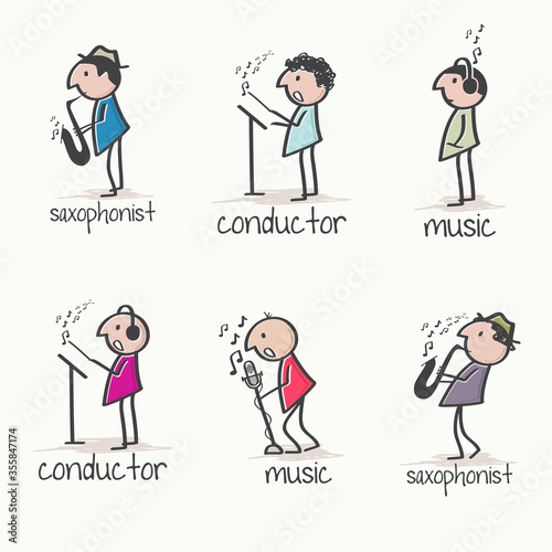 a set of painted little people, a concept of a music school, an illustration for children's magazines, a conductor, a singer, saxophonist icons