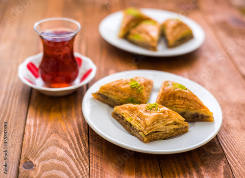 Turkish sweet baklava on plate.