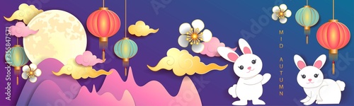 Mid autumn festival / Chinese festival with the moon, rabbits, cloud, lantern and flowers on blue paper. Vector illustration
