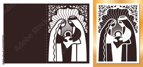 Laser cutting template. Nativity scene with Holy Family. Merry Christmas card with Mary and Joseph holding baby. Holy night die cut hold card. Vector illustration. 