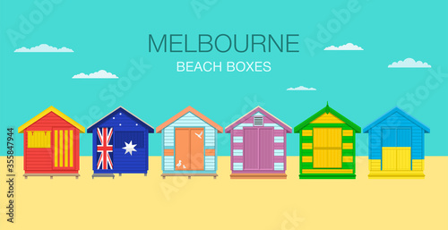 Australian beach boxes. Flat vector illustration. 