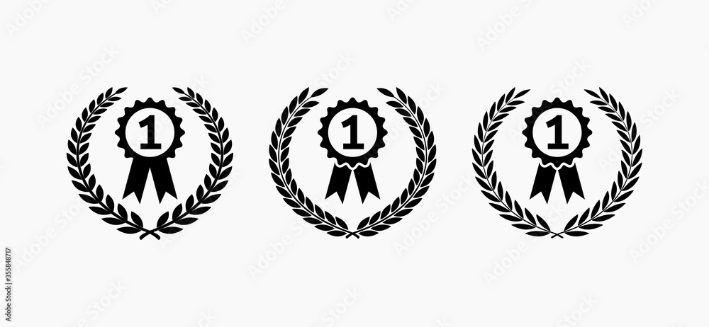 Set of vector icon of laurel wreaths with medals for the first place in black on a white background. Set of vector icon of laurel wreaths with medals for the first place in black on a white background.